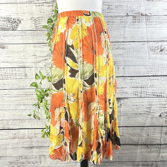 Coldwater Creek Skirt Petite Large Yellow Orange Floral Sheer Midi A Line Boho - Picture 1 of 16